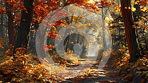 an image of an autumn landscape of a path with golden leaves