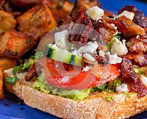 Image of avocado bacon toast with cucumber, tomato and cheese.