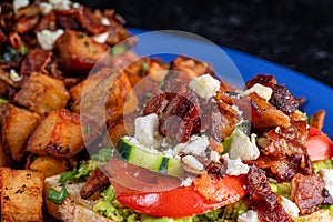 Image of avocado bacon toast with cucumber, tomato and cheese.