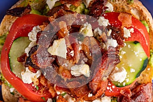 Image of avocado bacon toast with cucumber, tomato and cheese.