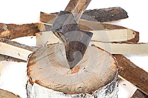Image of axe in the stump and firewoods