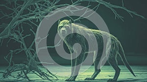 The image of a baboon in a dark forest,  Toned