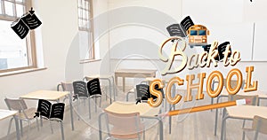 Image of back to school text and school items icons over empty classroom