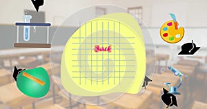 Image of back to school text and school items icons over empty classroom