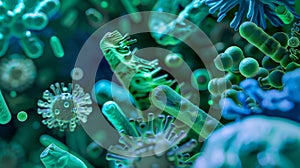 An image of bacterial aggregates in varying shades of green and blue highlighting the diverse microbial species present photo