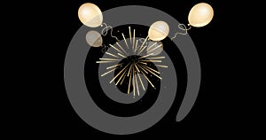 Image of balloons and fireworks display against black background