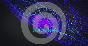 Image of bar open 24 hours and blue glitter on black background