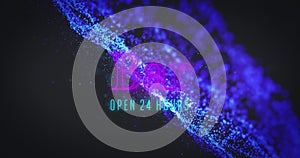 Image of bar open 24 hours and blue glitter on black background