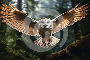 Image of a barn owl flying in the forest, Bird, Wildlife Animals., Generative AI, Illustration