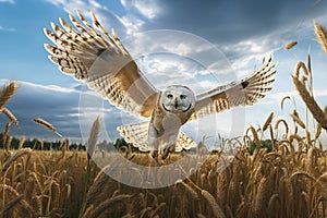 Image of barn owl is spreading its wings and flying in the meadow. Bird. Wildlife Animals. Illustration, Generative AI