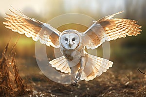 Image of barn owl is spreading its wings and flying in the meadow. Bird. Wildlife Animals. Illustration, Generative AI
