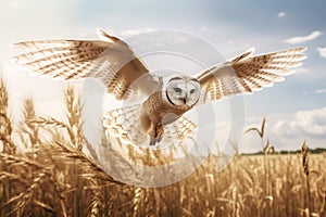 Image of barn owl is spreading its wings and flying in the meadow. Bird. Wildlife Animals. Illustration, Generative AI