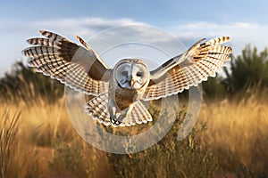 Image of a barn owl is spreading its wings and flying in the meadow. Bird. Wildlife Animals. Illustration, Generative AI