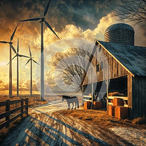 An image of a barn with wind turbines and horses in the background., generative ai