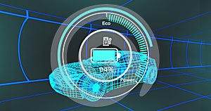 Image of battery level over electric car project on navy background