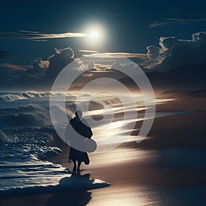 image of a beachcomber walking down a beach at sunset with waves breaking along.