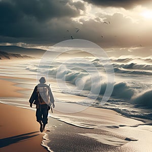 image of a beachcomber walking down a beach at sunset with waves breaking along.