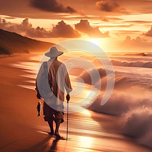 image of a beachcomber walking down a beach at sunset with waves breaking along.