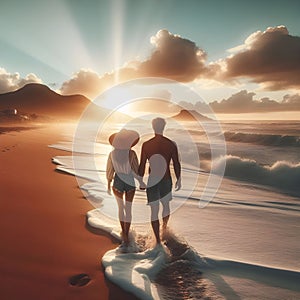 image of a beachcomber walking down a beach at sunset with waves breaking along.