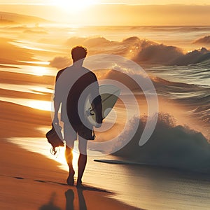 image of a beachcomber walking down a beach at sunset with waves breaking along.