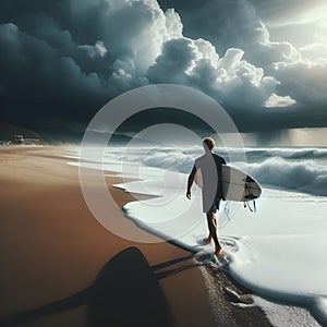 image of a beachcomber walking down a beach at sunset with waves breaking along.