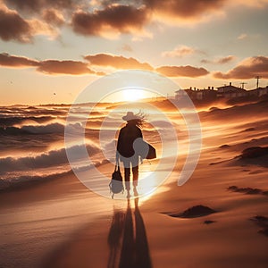 image of a beachcomber walking down a beach at sunset with waves breaking along.