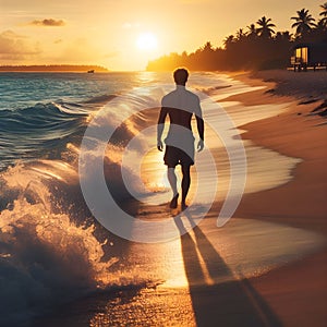 image of a beachcomber walking down a beach at sunset with waves breaking along.