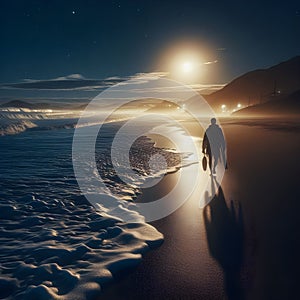 image of a beachcomber walking down a beach at sunset with waves breaking along.