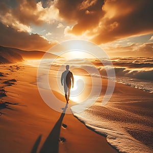 image of a beachcomber walking down a beach at sunset with waves breaking along.