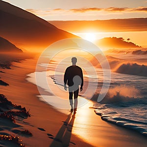 image of a beachcomber walking down a beach at sunset with waves breaking along.
