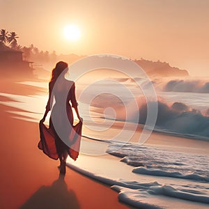 image of a beachcomber walking down a beach at sunset with waves breaking along.