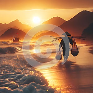 image of a beachcomber walking down a beach at sunset with waves breaking along.