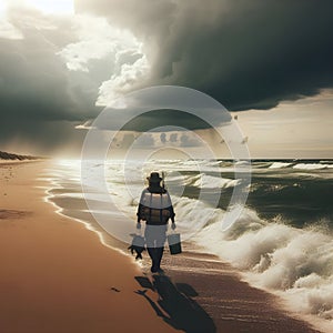 image of a beachcomber walking down a beach at sunset with waves breaking along.