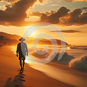 image of a beachcomber walking down a beach at sunset with waves breaking along.