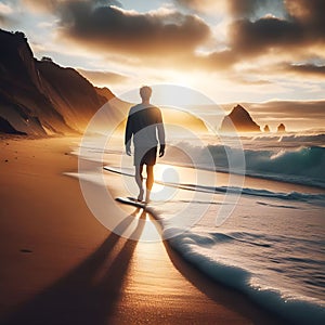 image of a beachcomber walking down a beach at sunset with waves breaking along.