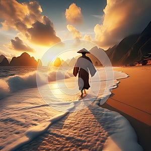 image of a beachcomber walking down a beach at sunset with waves breaking along.