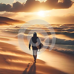 image of a beachcomber walking down a beach at sunset with waves breaking along.