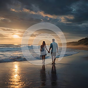 image of a beachcomber walking down a beach at sunset with waves breaking along.