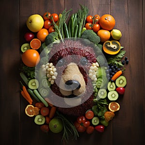 Image of bear face made with vegetables and fruits on clean background. Foods. Animals. Illustration, Generative AI