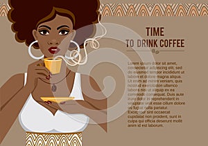 Image of a beautiful African American young woman with a fragrant cup of coffee. photo