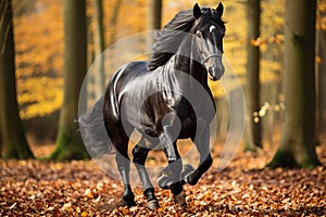 Image of a beautiful black running horse