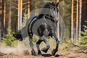 Image of a beautiful black running horse