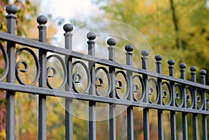 Image of a Beautiful decorative cast iron wrought fence with artistic forging. Metal guardrail close up