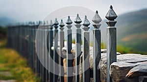 Image of Beautiful decorative cast iron wrought fence with artistic forging. Metal guardrail close up.