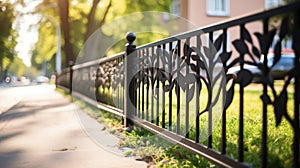 Image of Beautiful decorative cast iron wrought fence with artistic forging. Metal guardrail close up.