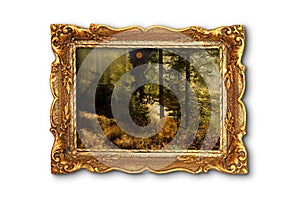 Image of beautiful forest in wooden painting frame