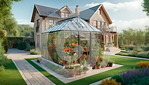 image of a beautiful glass greenhouse located next to a family home