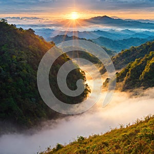 Image of Beautiful Landscape of mountain layer in morning sun ray