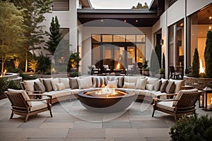 An image of a beautiful outdoor seating area, with several luxurious chairs arranged around a fire pit photo