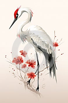 Image of beautiful red crowned crane painting. Bird. Wildlife Animals., Generative AI, Illustration